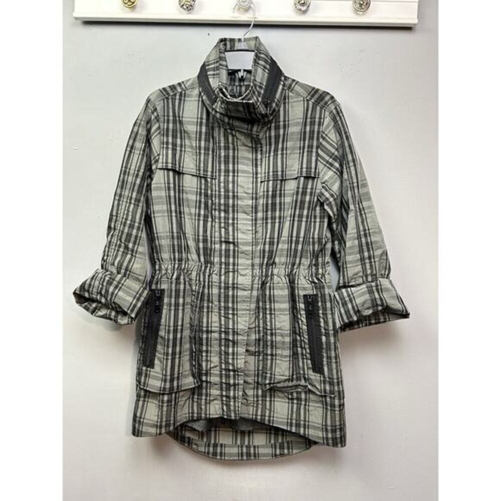 G.E.T. Plaid Utility Jacket Womens Small Green Packable Hood Roll Tab‎ Sleeve